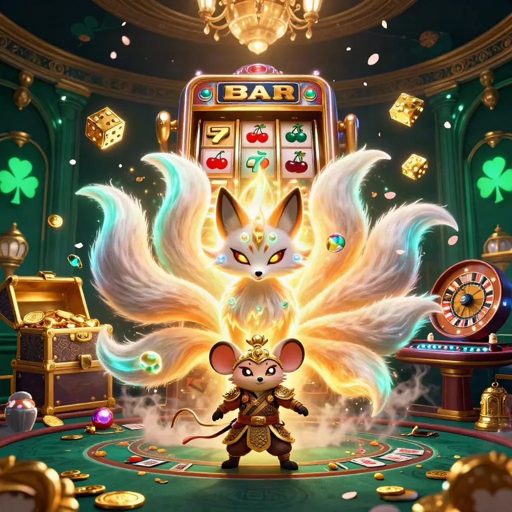 Fox spirit and armored mouse amid casino magic, slot burst, gold, roulette, and glowing table.
