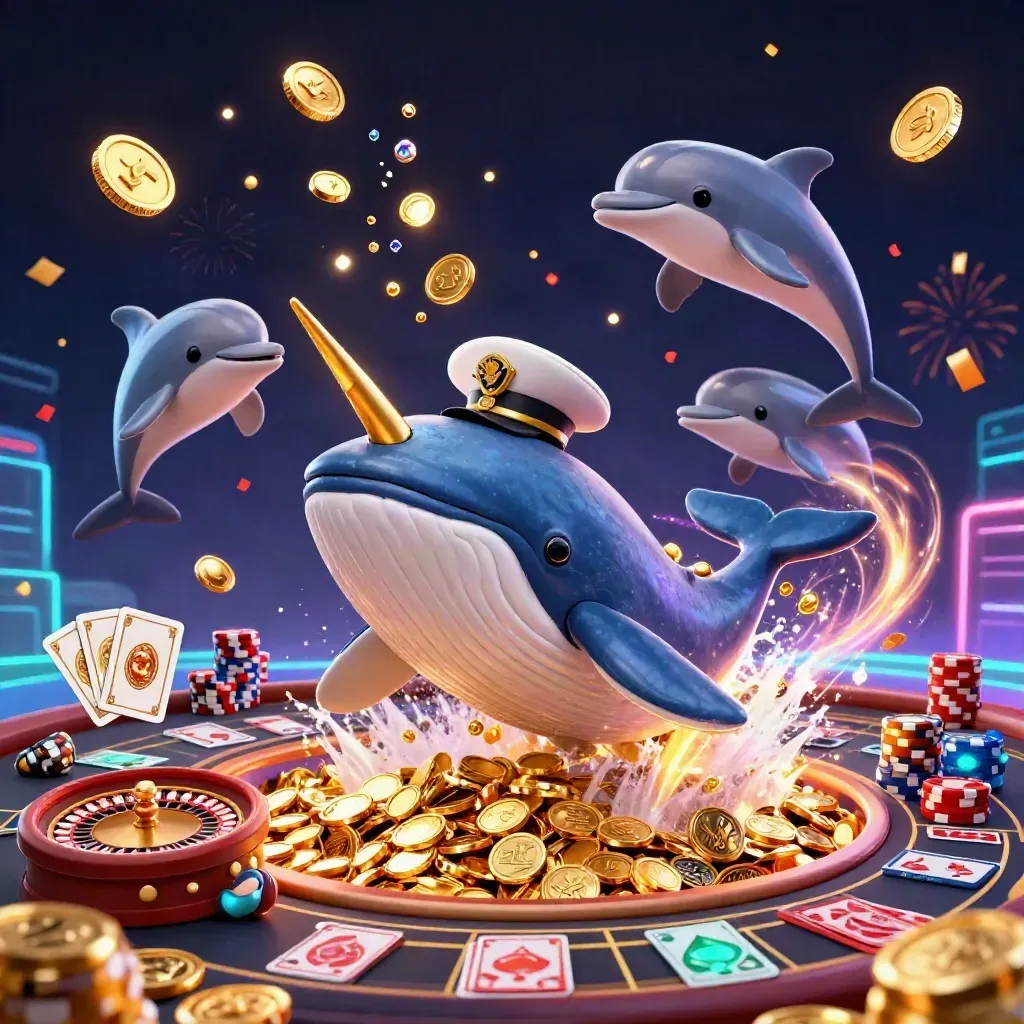 Cartoon whale, narwhal and dolphins amid casino coins, cards and neon lights.