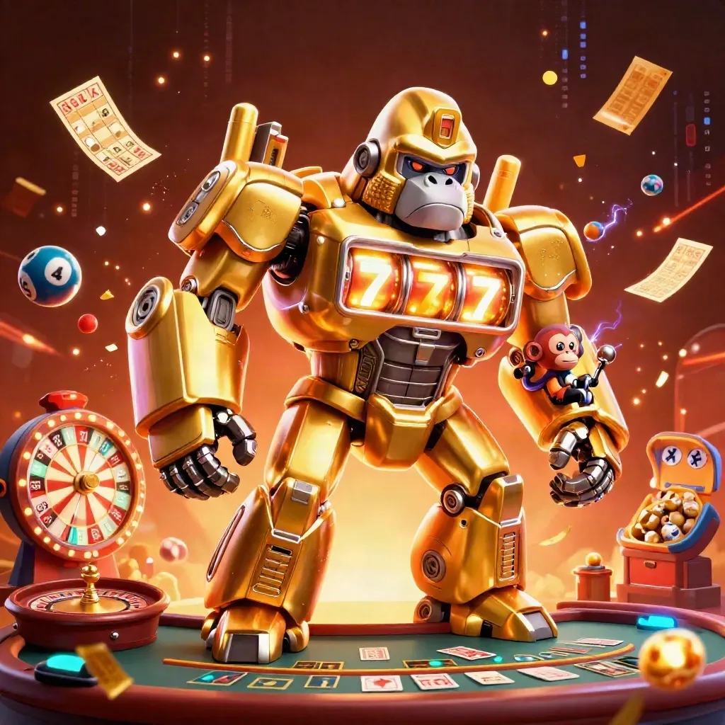 Golden gorilla mech and monkey pilot amid casino chaos, neon sparks, roulette, balls, and tickets.