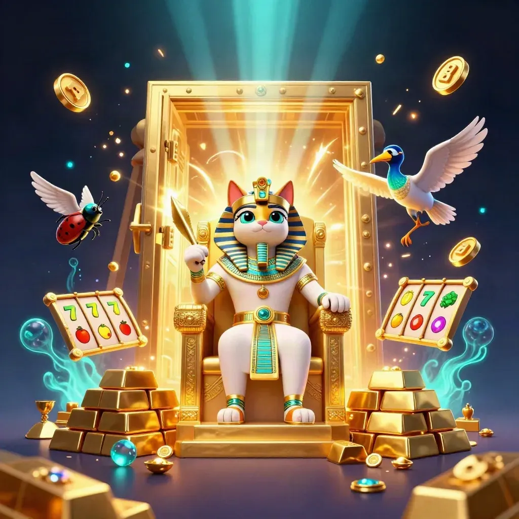 Pharaoh cat, ibis scribe, and gem-wing scarabs burst from a gold vault amid casino treasure glow.