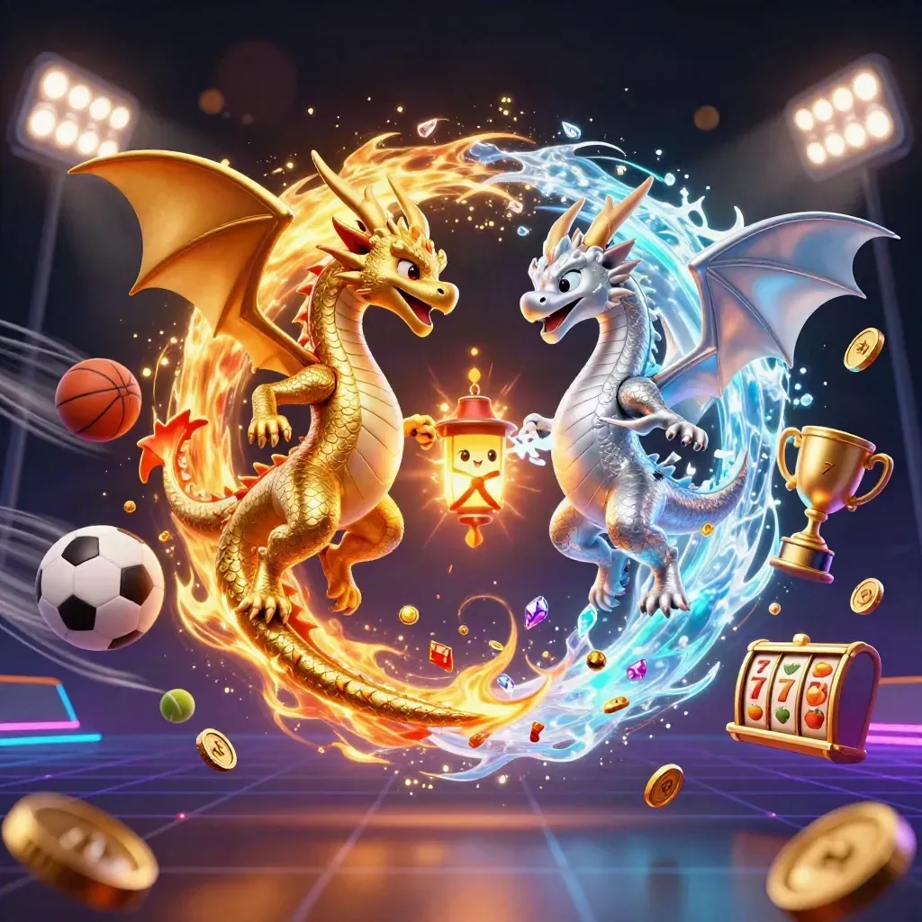 Gold and silver dragons spiral in yin-yang breath amid casino loot and neon teal glow
