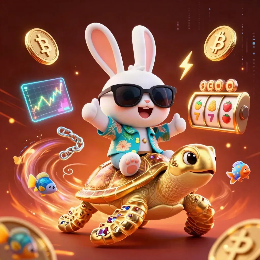 Lucky rabbit rides a golden turtle amid casino coins, neon effects, and ember glow.