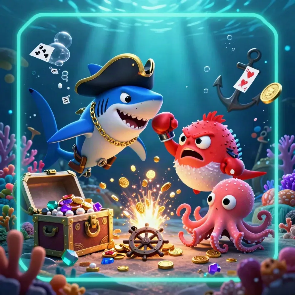 Pirate shark, boxing pufferfish, and coin-juggling octopus in a teal-lit treasure cove.