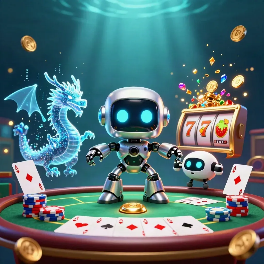 Cyberpunk robot, holographic dragon and coin drone over poker table, chips and casino sparks.
