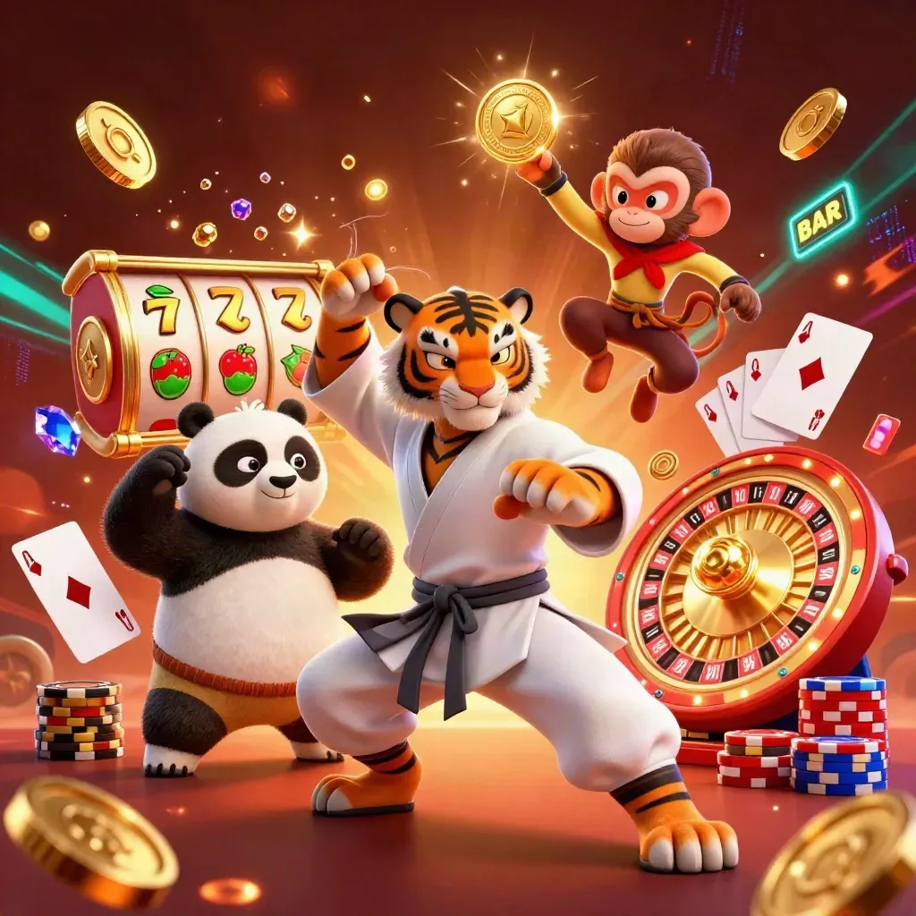 Kung-fu tiger, panda, and monkey amid casino coins, chips, and neon energy.