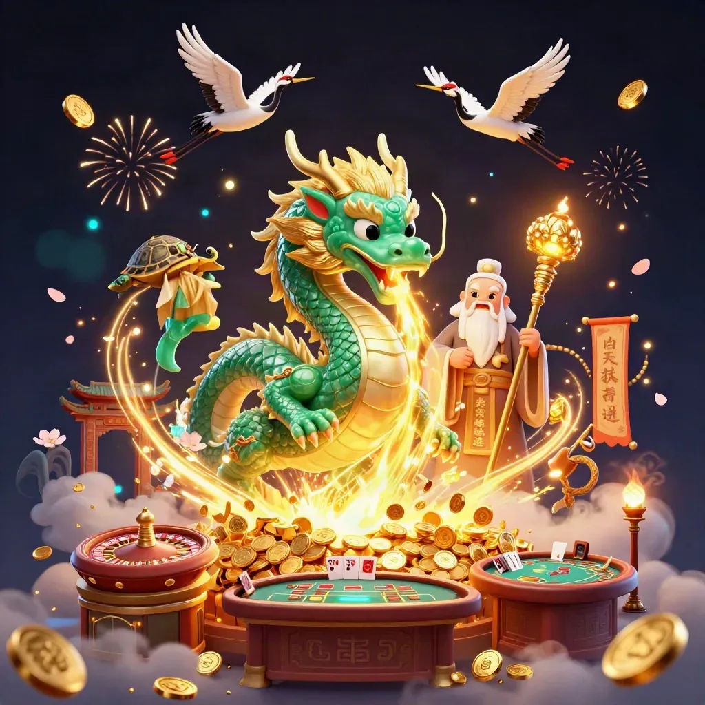 Jade dragon, turtle sage and cranes amid gold coins, temple gate and casino glow on dark navy.