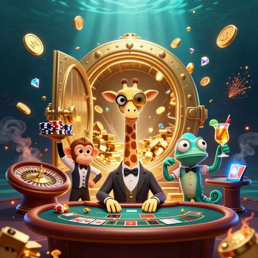 Giraffe, monkey, and chameleon celebrate by a bursting gold vault with coins, gems, and casino tables.