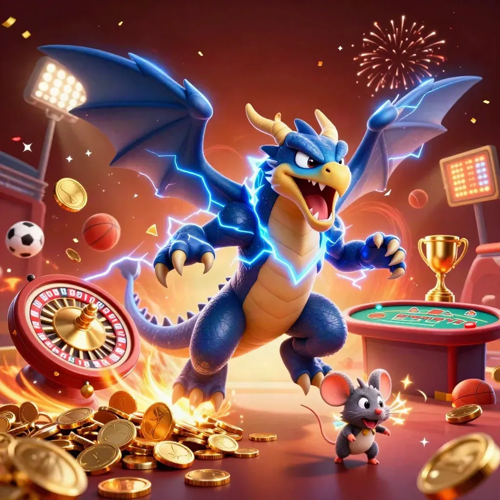 Thunder dragon, hawk, and mouse amid gold coins, casino props, fireworks, and stadium lights.