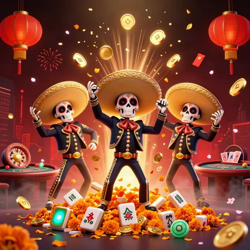 Skeleton mariachi trio amid casino gold, lanterns, mahjong tiles, roulette wheel and fireworks