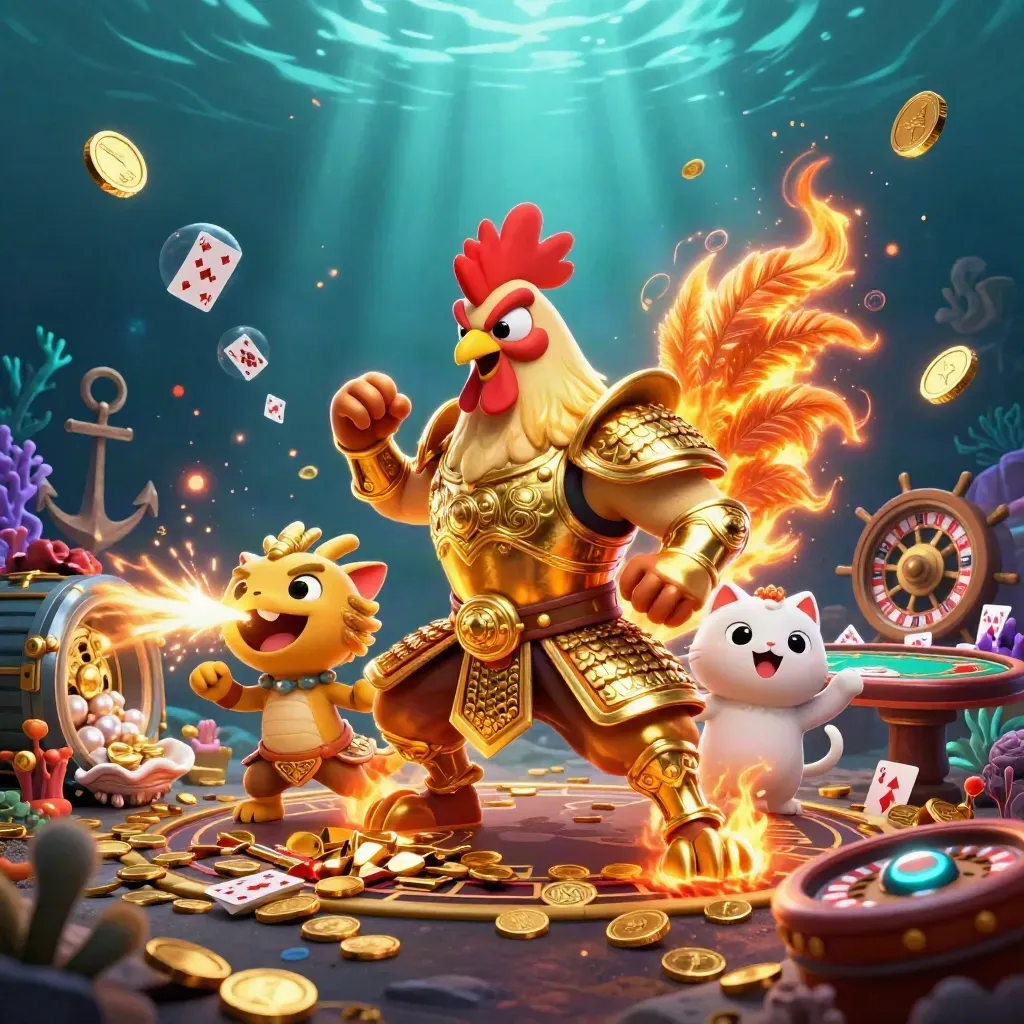Rooster warrior, dragon hatchling and fortune-cat amid underwater casino treasure and glowing coins.