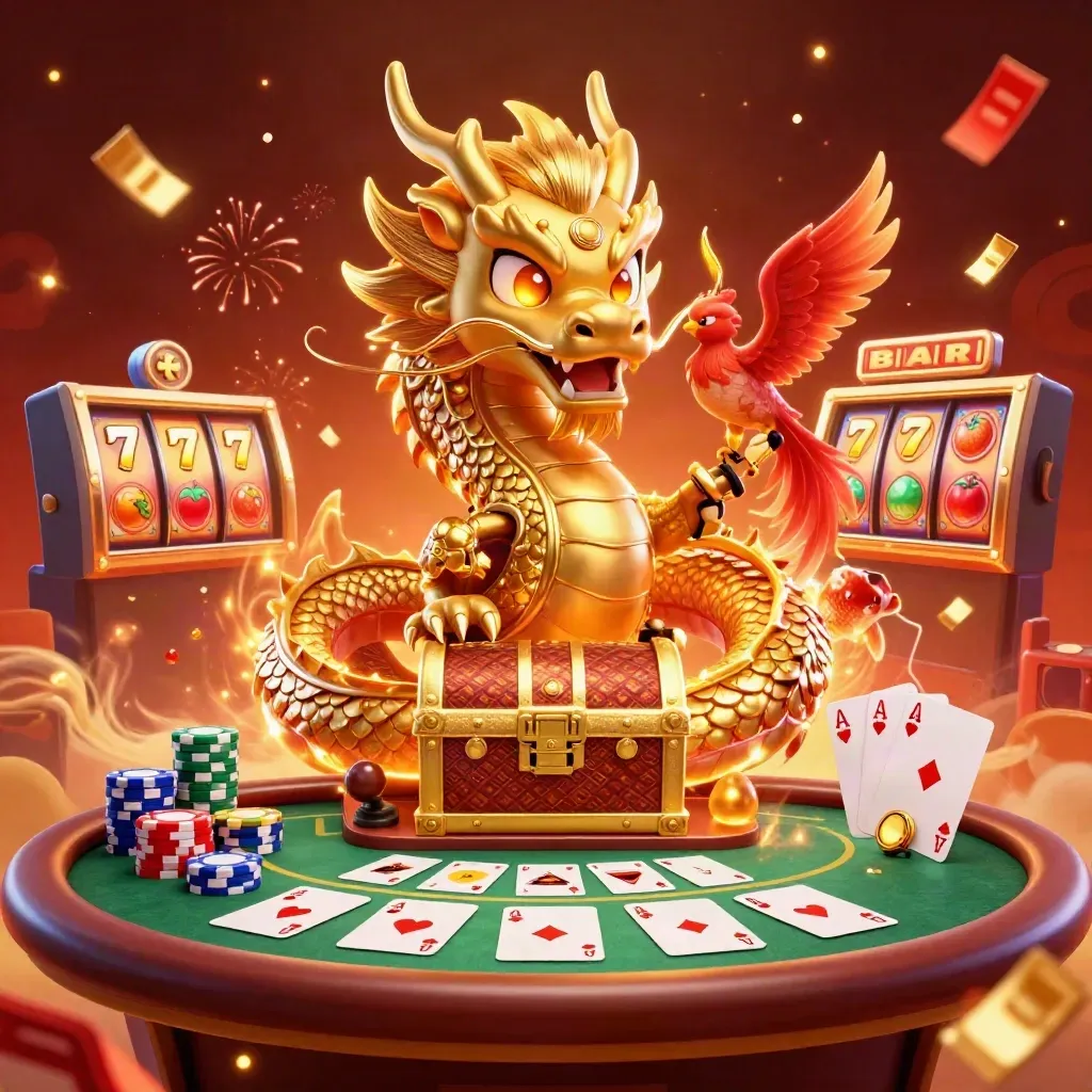 Golden dragon with phoenix and koi amid casino chips, cards, reels, and fiery glow.