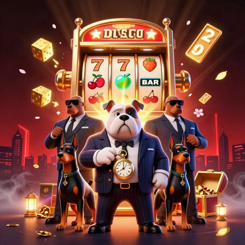 Bulldog boss with two dobermans amid jackpots, coins, dice and glowing slot reels.