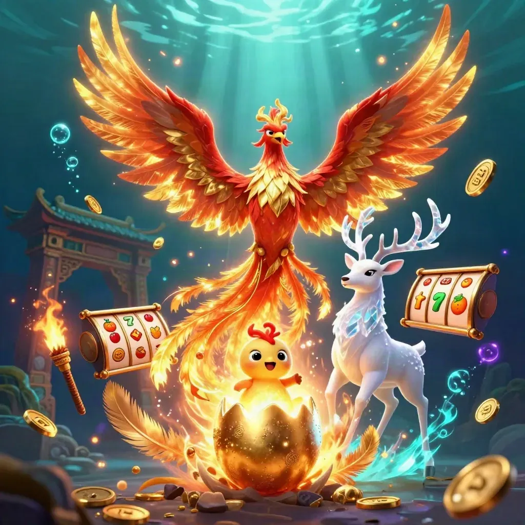 Phoenix, stag, and hatchling over gold coins in a neon underwater casino glow.