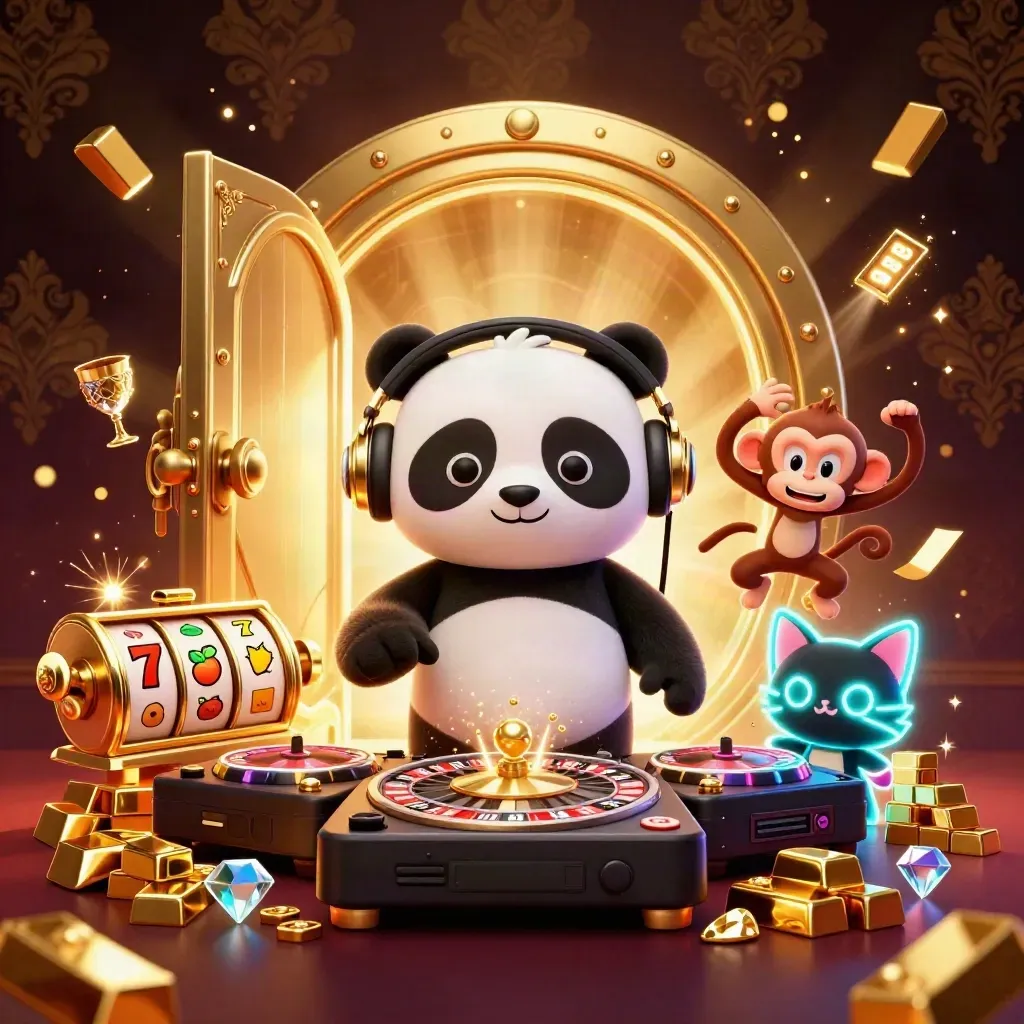 DJ panda, dancing monkey, and glow-stick kitten amid vault gold, slots, and casino glow.