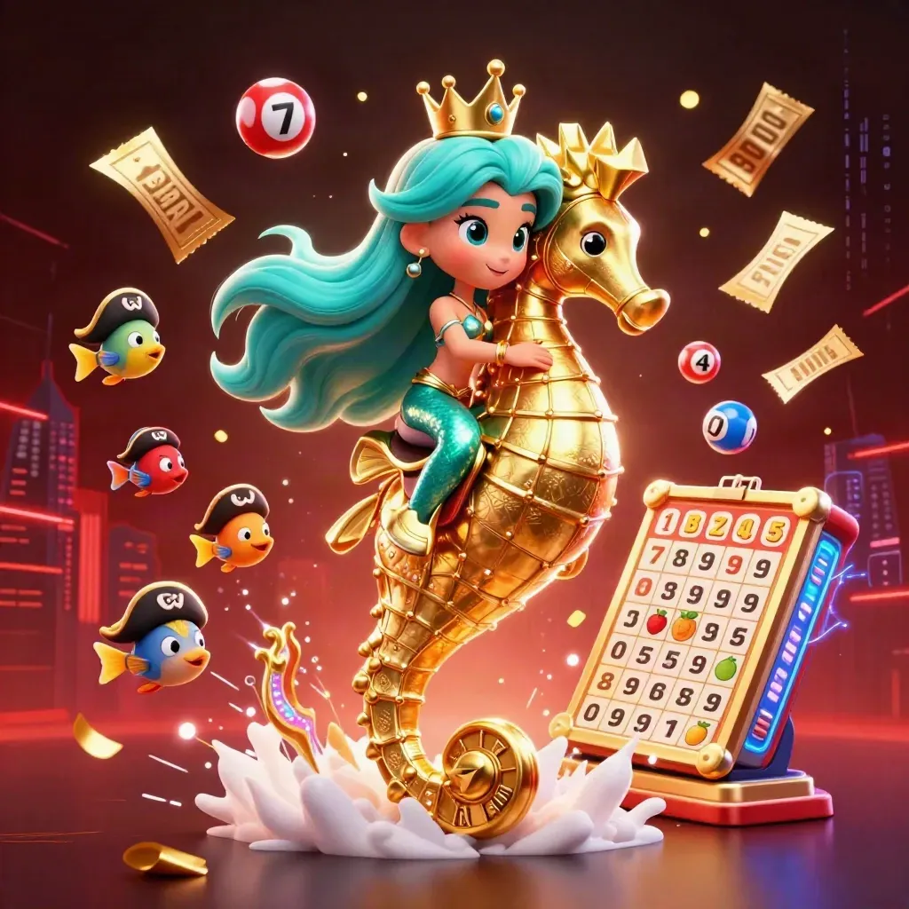 Mermaid princess on golden seahorse amid pirate fish, lottery balls, reels, tickets, and neon casino glow