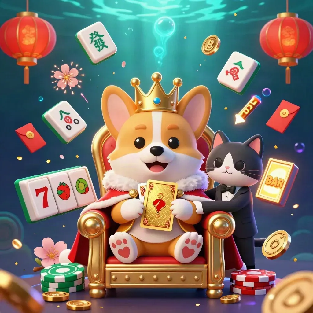 Royal corgi and cat butler on a chip throne with casino effects underwater.