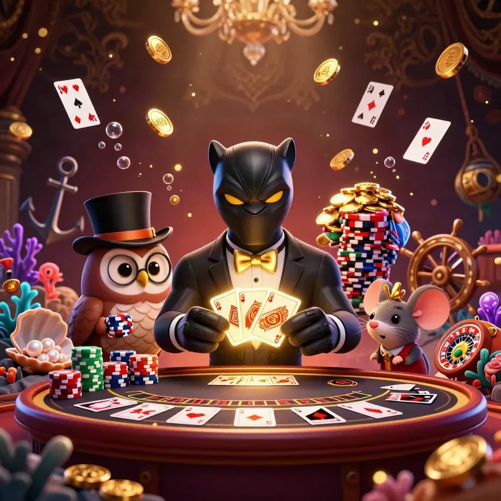 Black panther dealer, owl, and mouse amid gold coins, chips, roulette, and treasure-cove glow.