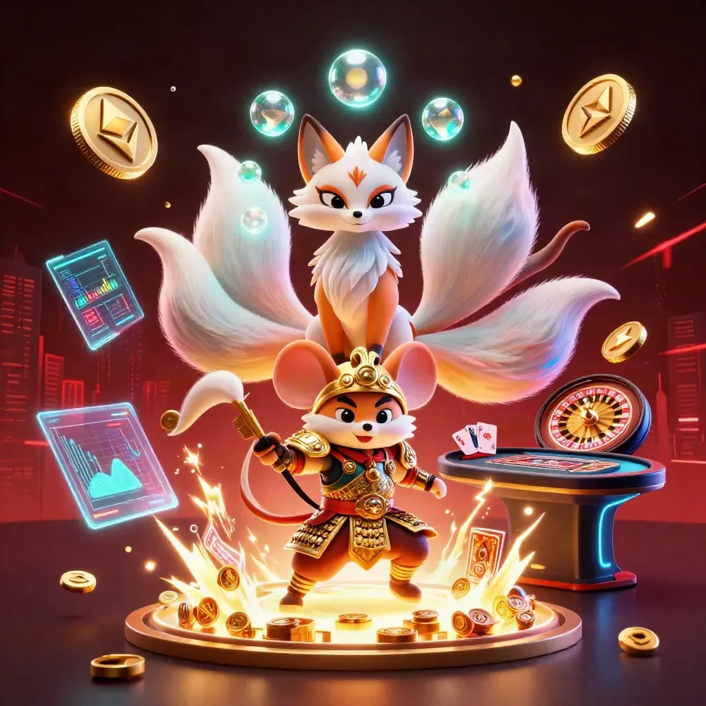 Neon fox spirit and armored mouse amid casino coins, roulette, cards, and electric gold effects