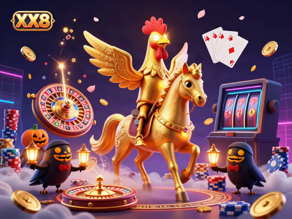 Experience the thrill of gaming with golden elements and the XX8 brand shining in a vibrant casino scene.