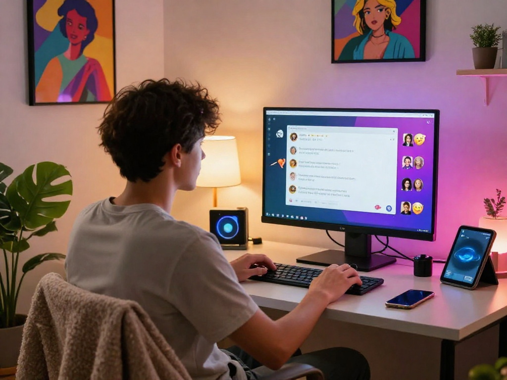 Engaging in a lively porn chat AI conversation in a cozy digital space.
