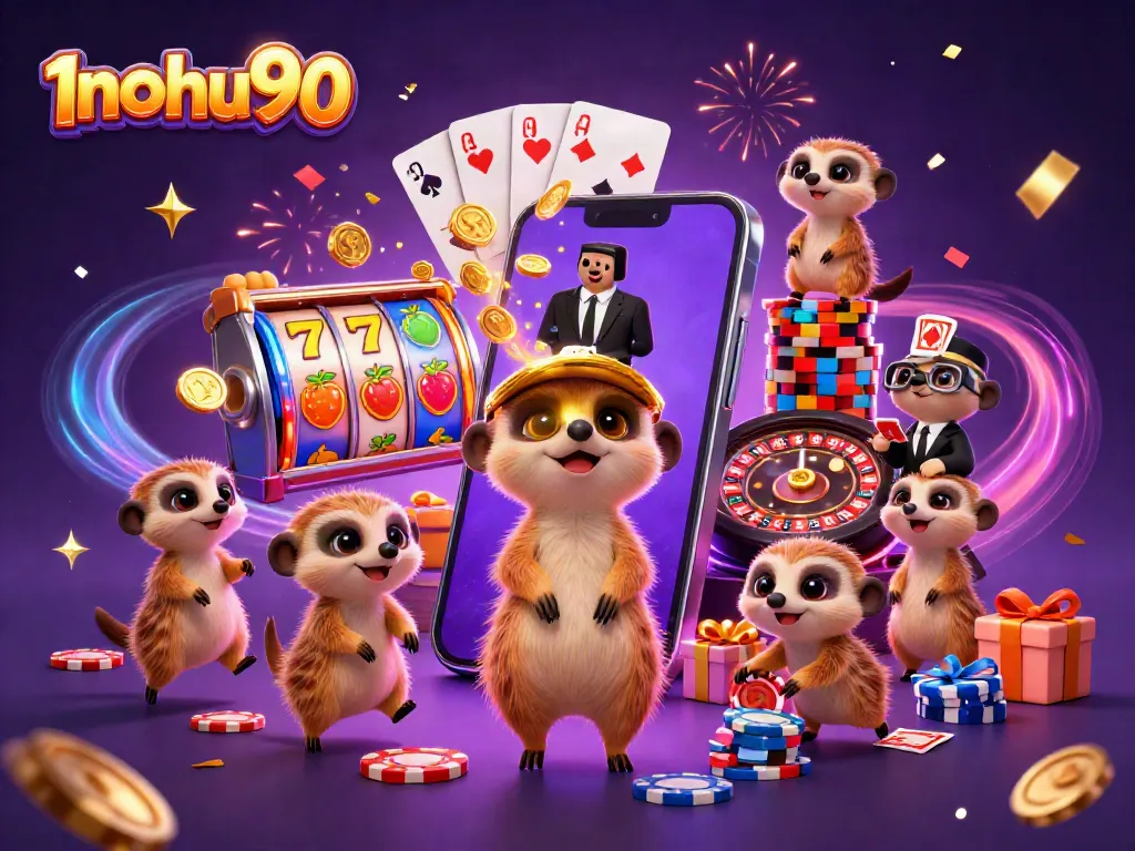 Experience the excitement of 1nohu90 with meerkats running a vibrant casino filled with slot games and prizes.