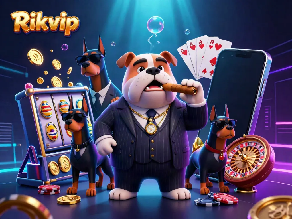 Engaging Rikvip illustration showcasing a mafia bulldog and Doberman bodyguards amidst vibrant slot game elements.