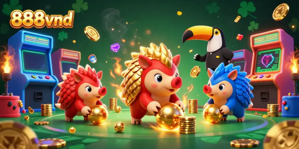 Watch rival pangolins compete in a casino game scene, showcasing 888vnd entertainment.
