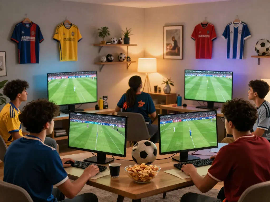 Cakhiatv live stream viewer enjoying a football match with friends in a cozy home setting.