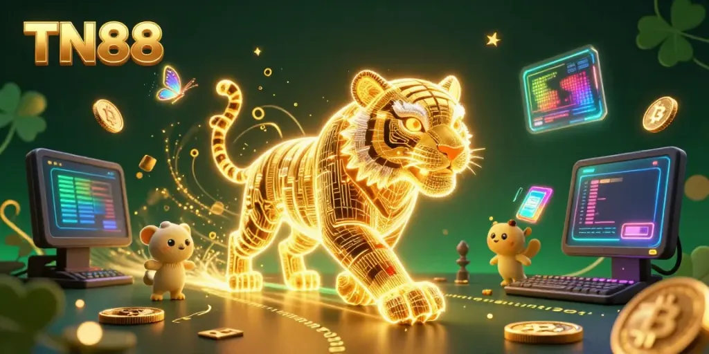 Engage with TN88's vibrant casino universe, where the golden tiger leads amidst dynamic crypto elements.