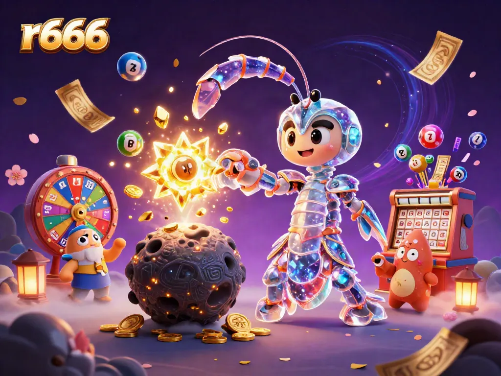 Experience the excitement of r666 with vibrant lottery balls and a galactic samurai in a casino-themed 3D scene.