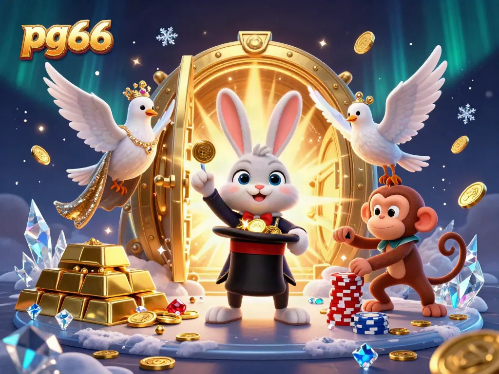 Experience thrilling gameplay at pg66 with a magical scene of animated characters and casino treasures.