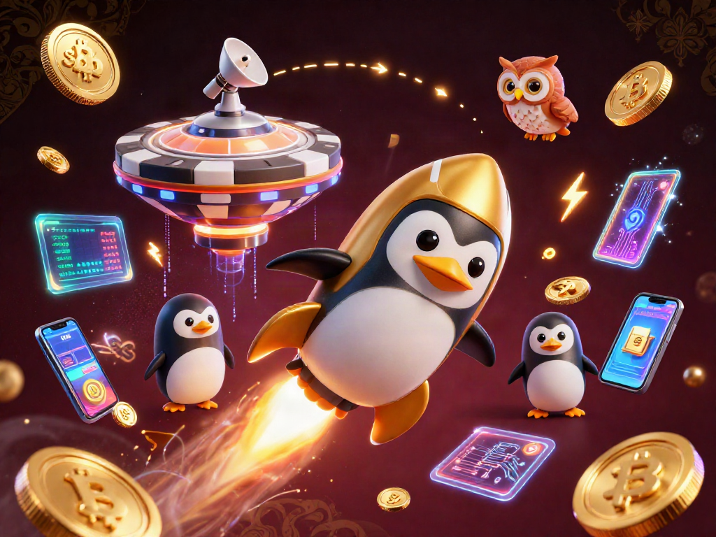 Engage with s8b's thrilling adventure, as a penguin rocket blasts through a cosmic casino.