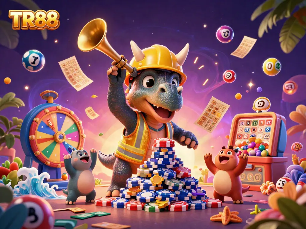 Engage with TR88's thrilling atmosphere of a cartoonish casino scene featuring vibrant games and jubilant characters.