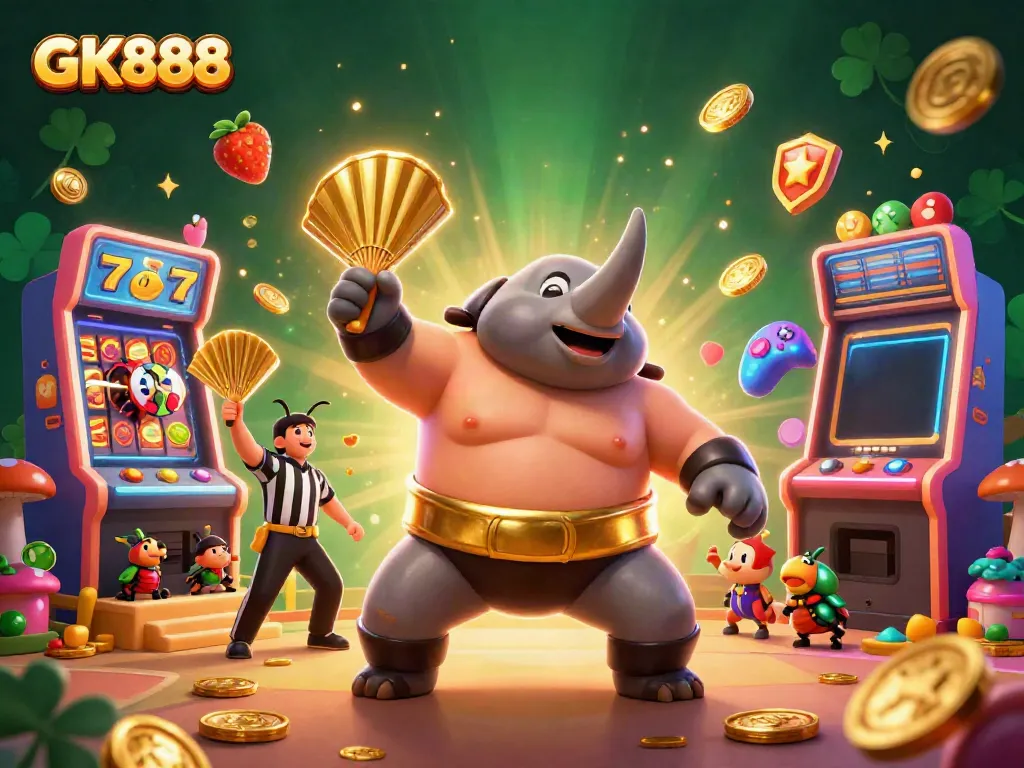 Experience the thrill with GK888 as a sumo champion beetle earns big jackpots in a vibrant casino scene.