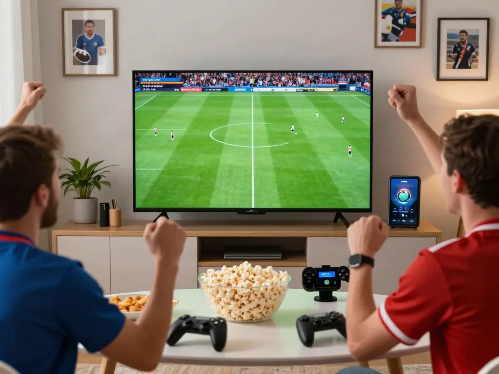 Thapcamtv fans celebrating during a live football match in a vibrant home setting.