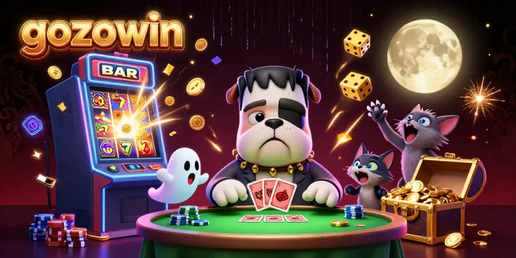 Engaging title image showcasing the dynamic scene of gozowin featuring characters playing cards at a spooky casino.