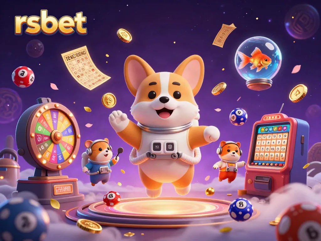 Watch the corgi astronaut float in the futuristic casino scene filled with lottery balls and vibrant prizes at rsbet.