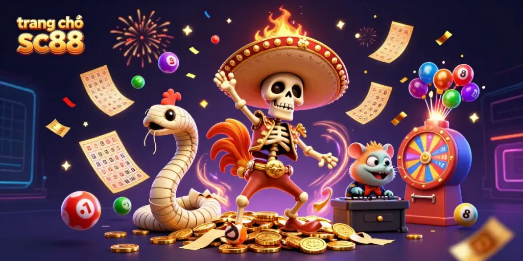 Experience the excitement of trang chủ sc88 with vibrant casino elements and animated characters.