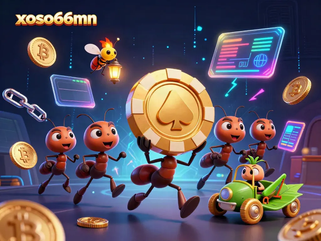 Engaging scene of xoso66mn heist with ants and crypto elements creating excitement.