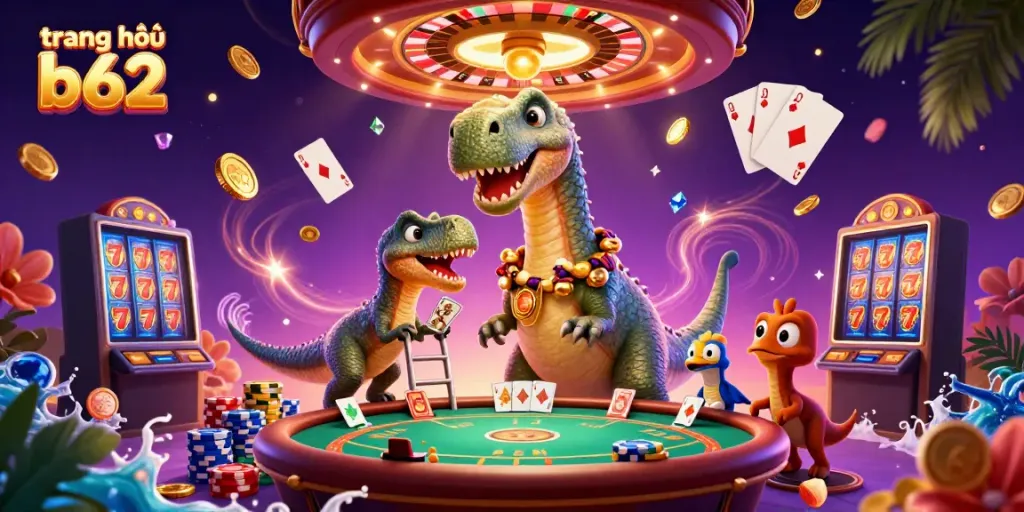 Experience vibrant gameplay at trang chủ b62 with a dinosaur and raptor in a dynamic casino scene.