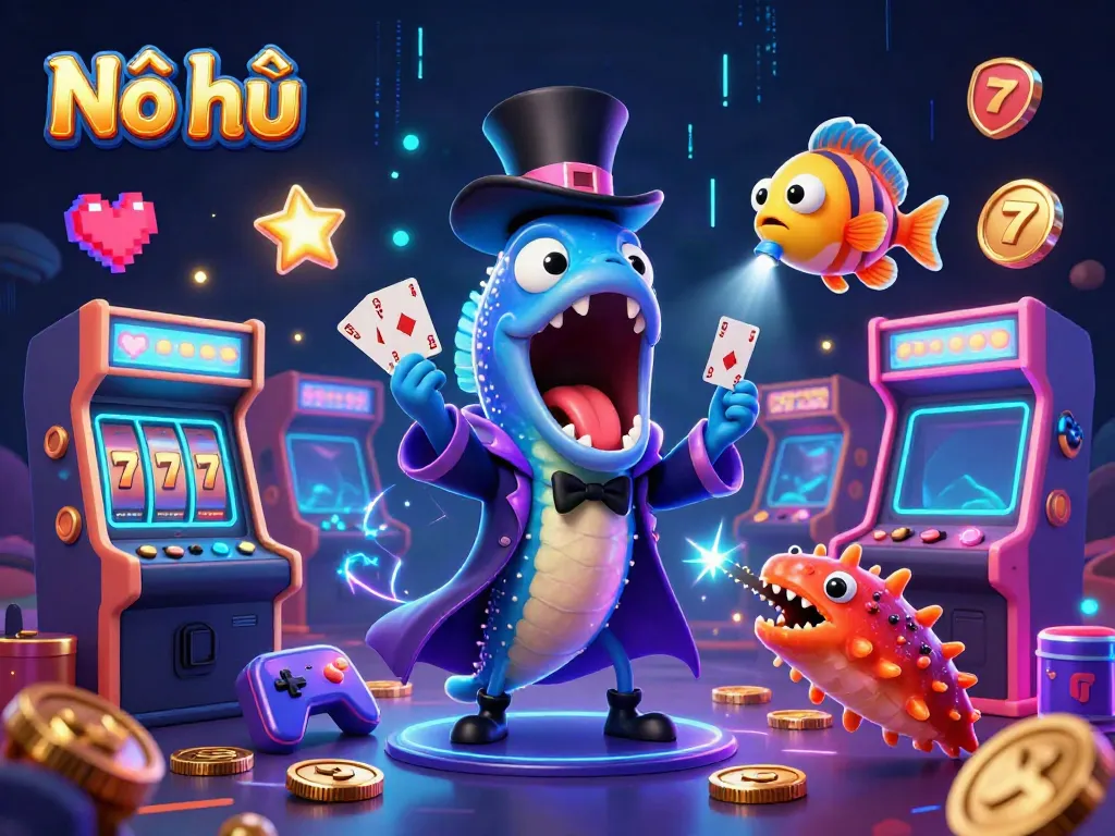 Nổ hũ game scene with vibrant 3D characters performing magic amid colorful casino elements.