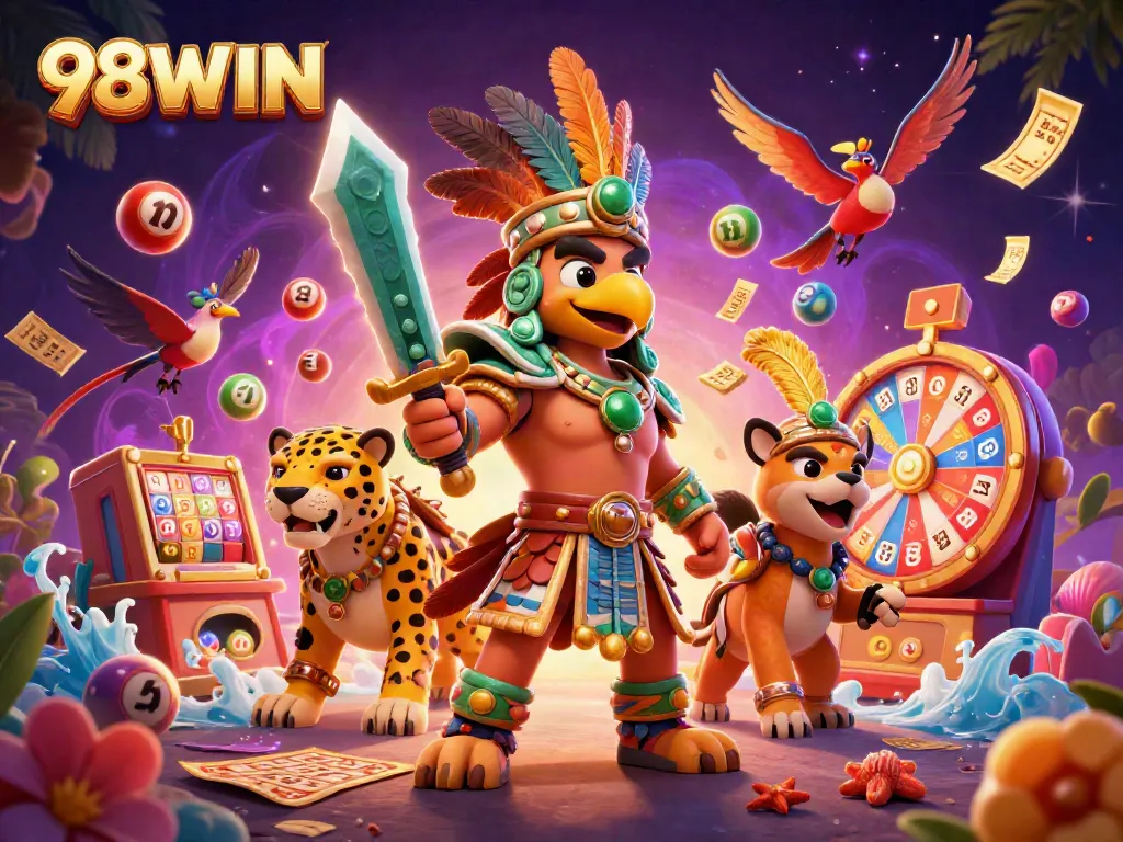 Experience excitement with 98WIN, as vibrant casino elements and characters create a thrilling atmosphere.