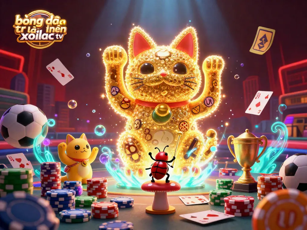 Bóng đá trực tuyến xoilac tv showcases vibrant elements with a golden lucky cat, sports gear, and dynamic casino symbols.