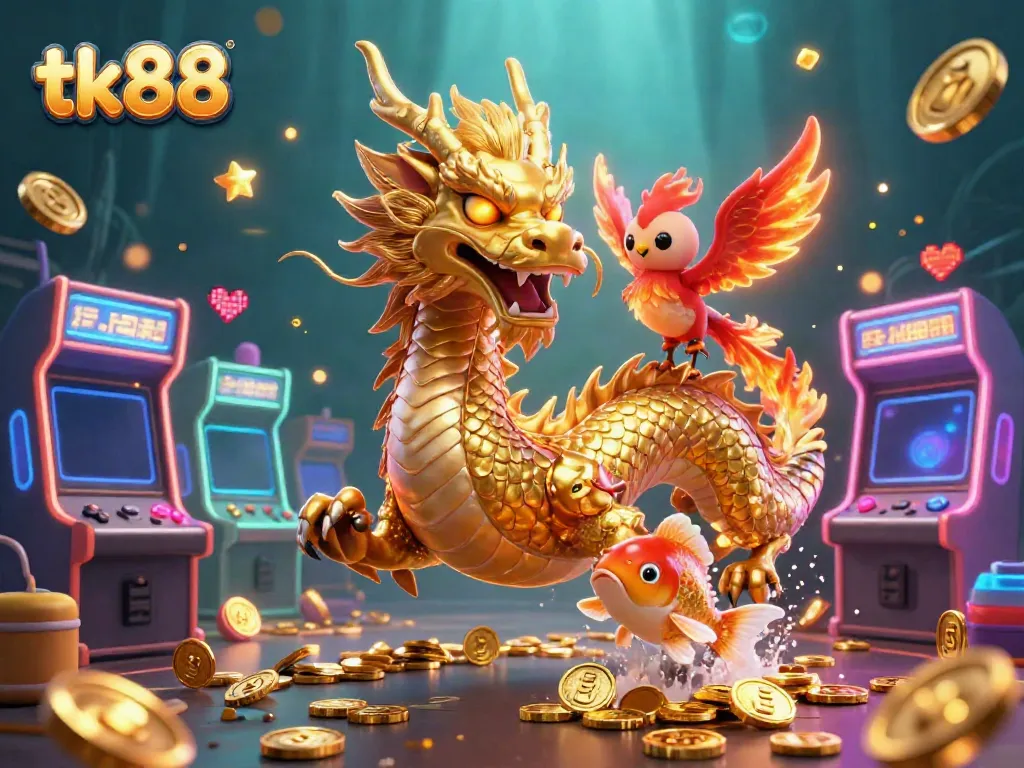 Experience thrilling tk88 gameplay with a golden dragon, phoenix, and koi amidst vibrant gaming elements
