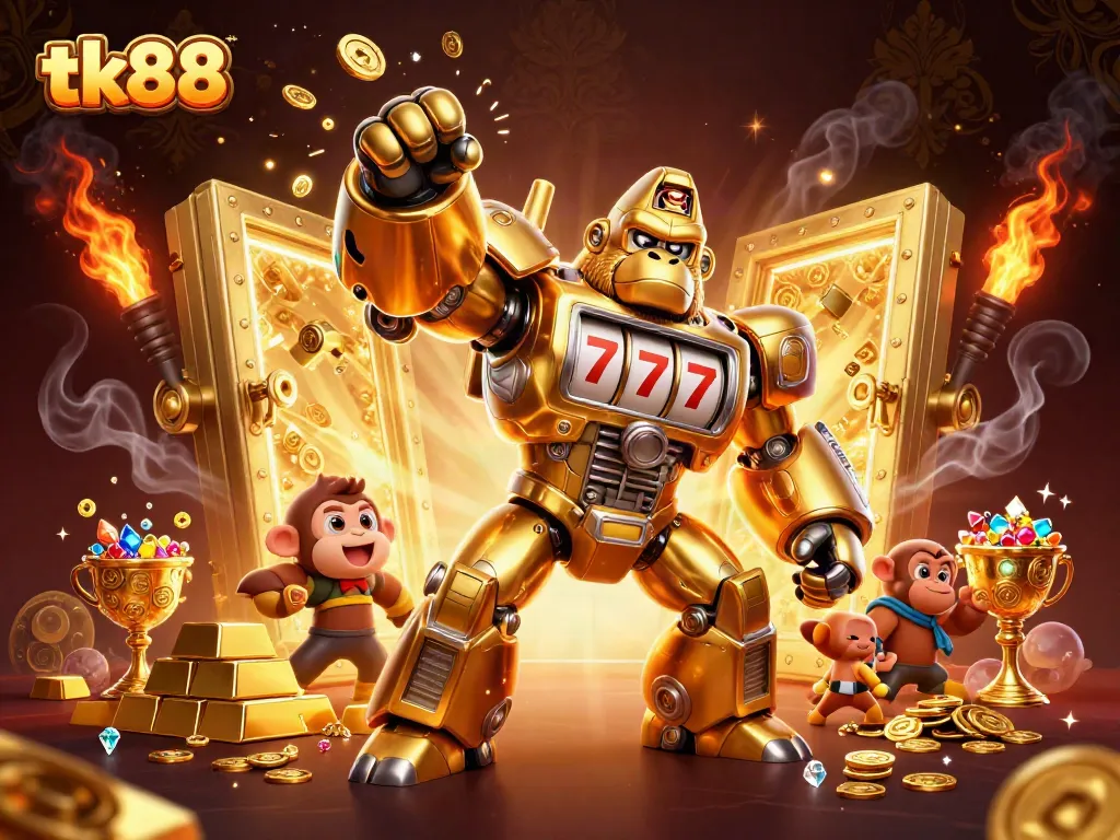 Experience thrilling slots at tk88 with our golden gorilla mech as it launches coins and treasures!