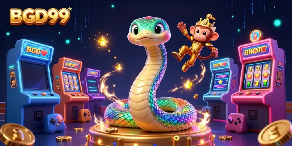 Experience the dynamic gaming world of BGD99 as a rainbow serpent and playful monkey king celebrate the thrill of slots and jackpots.