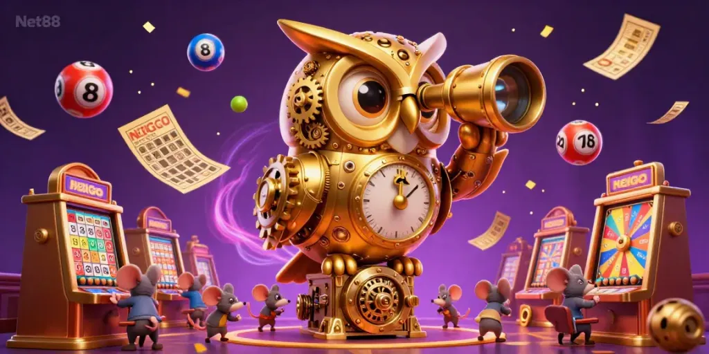 Engage with Net88’s exciting casino atmosphere featuring a dynamic scene full of characters and gaming elements.