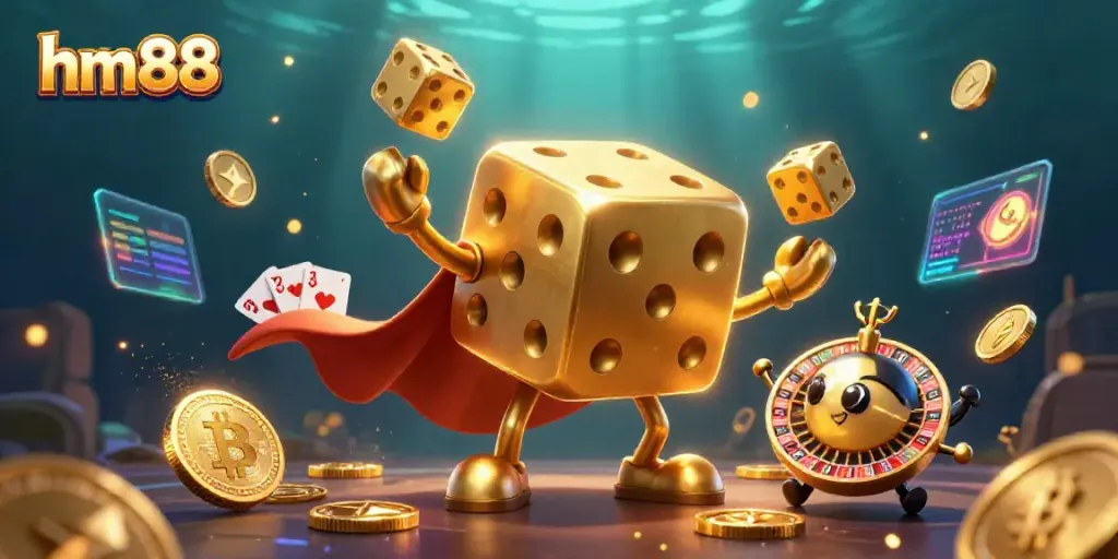 Experience thrilling gameplay with HM88's colorful casino characters among neon coin elements.