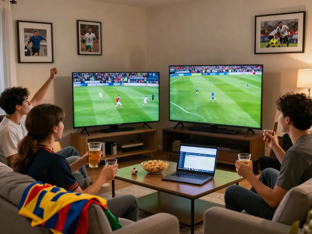 Enjoying a thrilling match on ThapcamTV with friends in a lively living room.