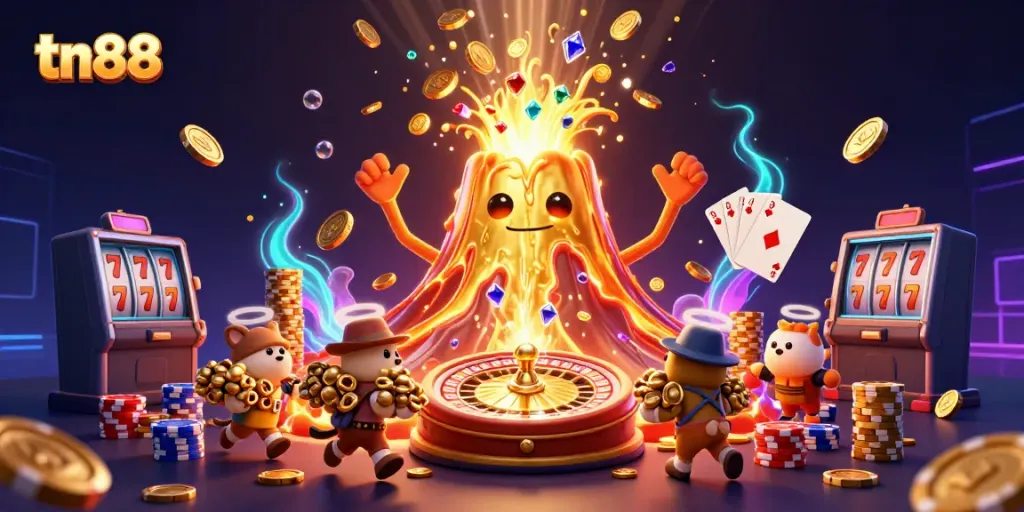 Engage in thrilling gambling adventures with tn88, featuring dynamic casino scenes and vibrant treasures.